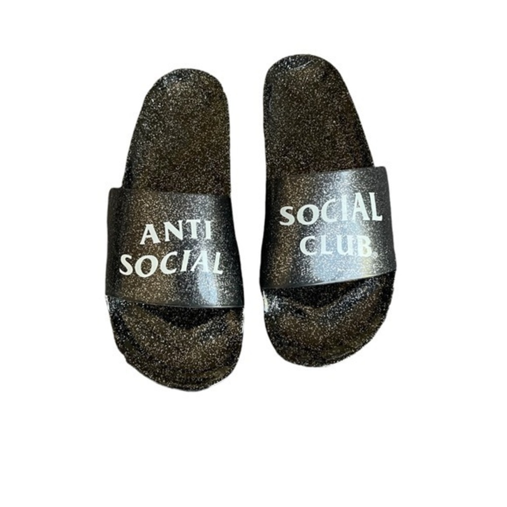 Authentic Anti Social Social Club Black Glitter Jelly Slides Size 9 NWOT #3064